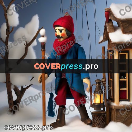 Puppet artwork: lamplighter with a pole in snow