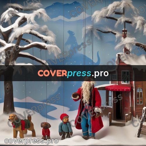 Puppet artwork: man in red with a dog