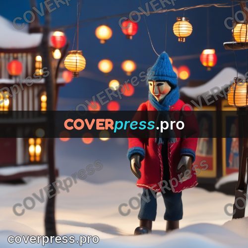 Puppet artwork: man in red among lanterns