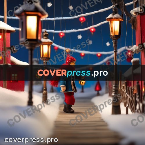 Puppet artwork: man in red among lanterns
