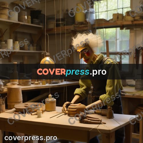 Puppet artwork: craftsman at a table of tools