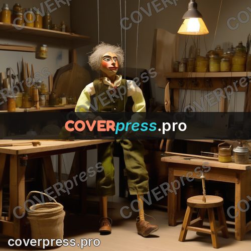 Puppet artwork: craftsman at a table of tools