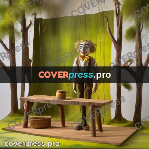 Puppet artwork: pale-haired figure on a stage