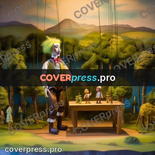 Puppet artwork: pale-haired figure on a stage