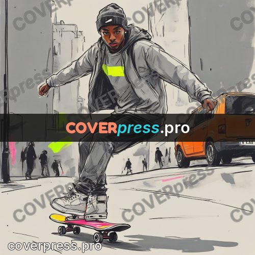 Sketch illustration: skateboarder on a city street