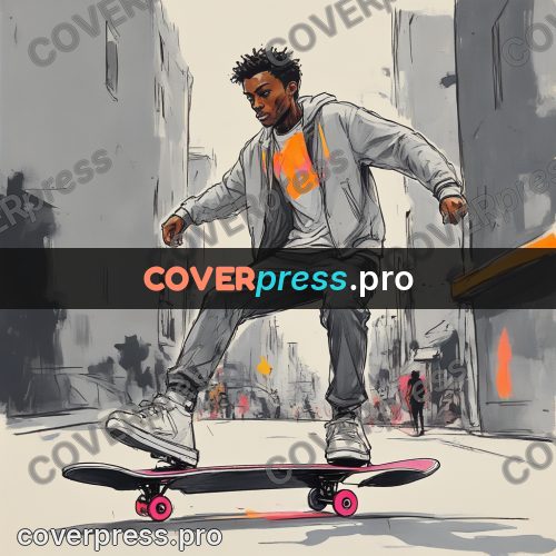 Sketch illustration: skateboarder on a city street