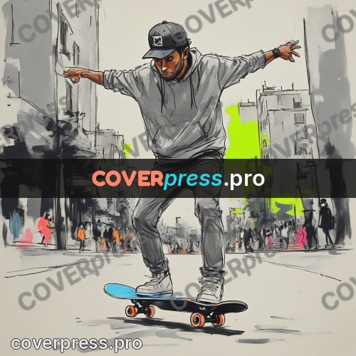 Sketch illustration: skateboarder on a city street