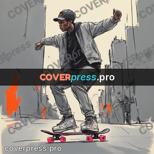 Sketch illustration: skateboarder on a city street