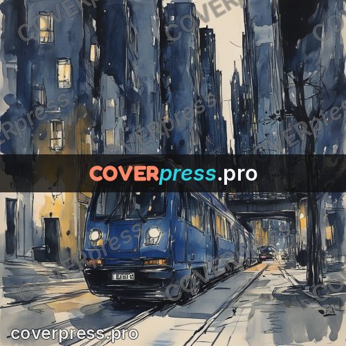 Sketch illustration: blue and orange train at night