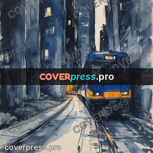 Sketch illustration: blue and orange train at night
