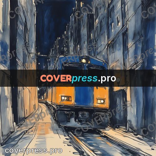 Sketch illustration: blue and orange train at night
