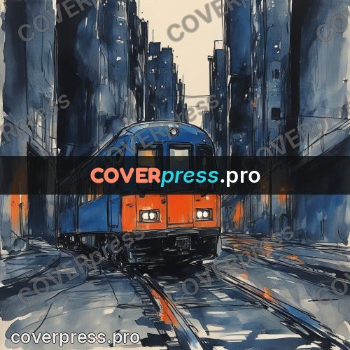 Sketch illustration: blue and orange train at night