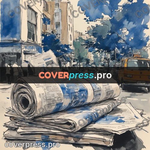 Sketch illustration: stacks of newspapers on a street