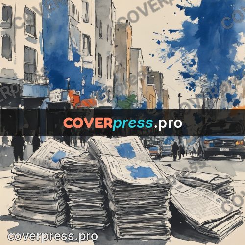 Sketch illustration: stacks of newspapers on a street
