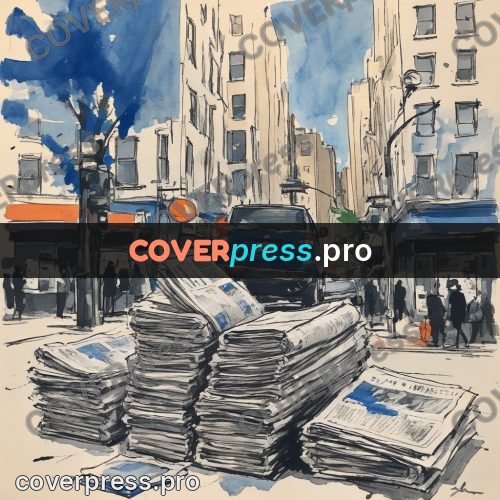 Sketch illustration: stacks of newspapers on a street