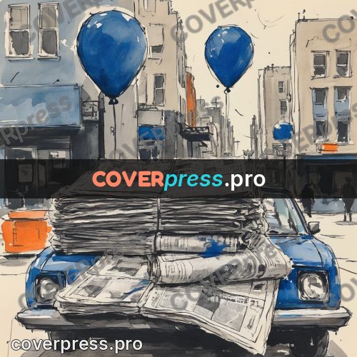 Sketch illustration: stacks of newspapers on a street