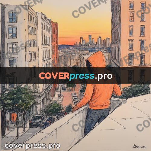 Sketch illustration: figure above a city street