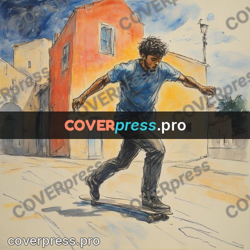 Sketch illustration: skateboarder on a paved street