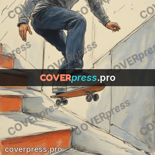 Sketch illustration: skateboard above concrete steps