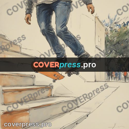 Sketch illustration: skateboard above concrete steps