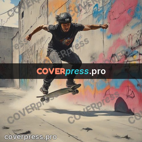 Sketch illustration: skateboarder by a painted wall