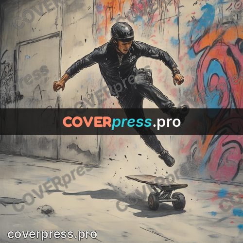 Sketch illustration: skateboarder by a painted wall