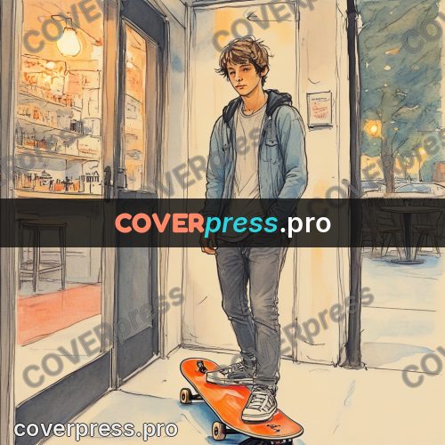 Sketch illustration: skateboarder by a cafe door