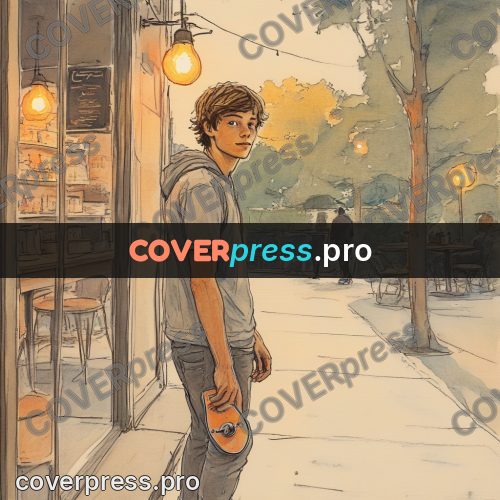 Sketch illustration: skateboarder by a cafe door