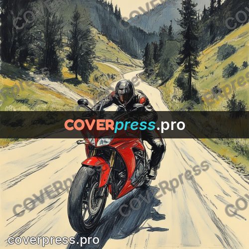 Sketch illustration: red motorcycle on a mountain road