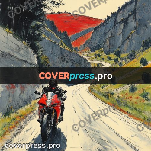 Sketch illustration: red motorcycle on a mountain road