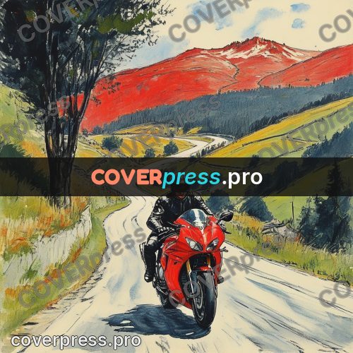 Sketch illustration: red motorcycle on a mountain road