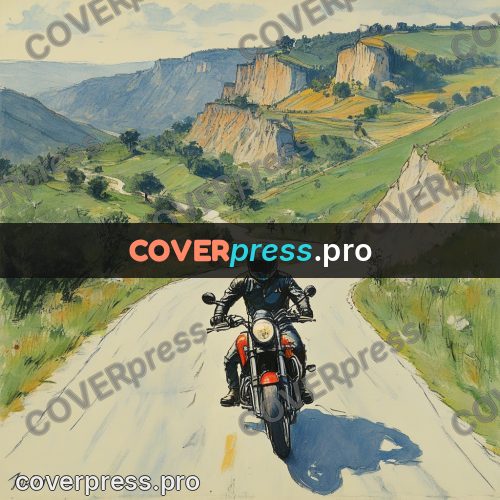 Sketch illustration: motorcycle on a valley road