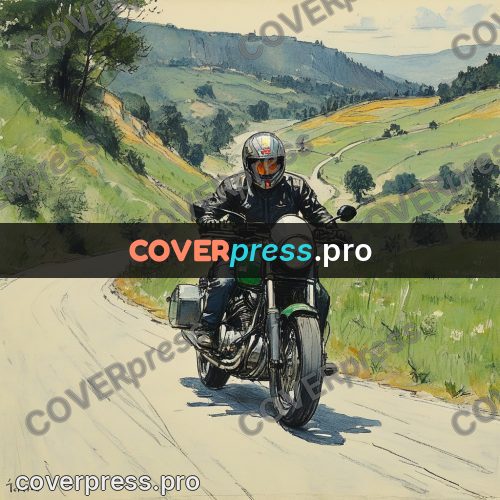 Sketch illustration: motorcycle on a valley road