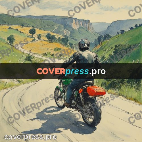 Sketch illustration: motorcycle on a valley road