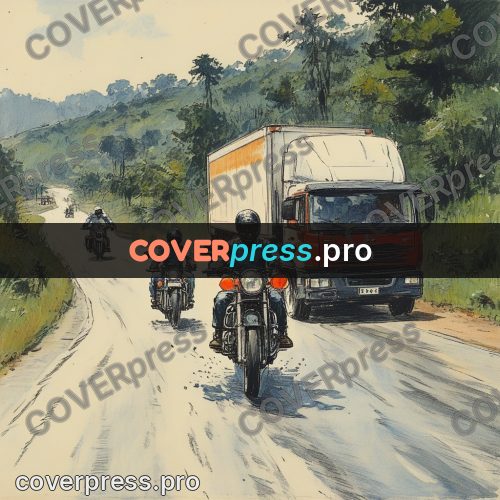 Sketch illustration: motorcycle beside a truck