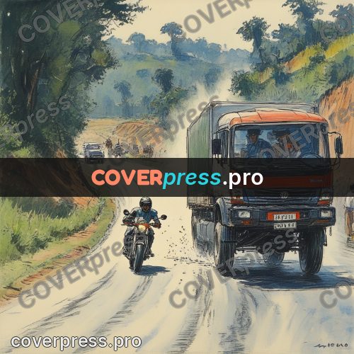 Sketch illustration: motorcycle beside a truck