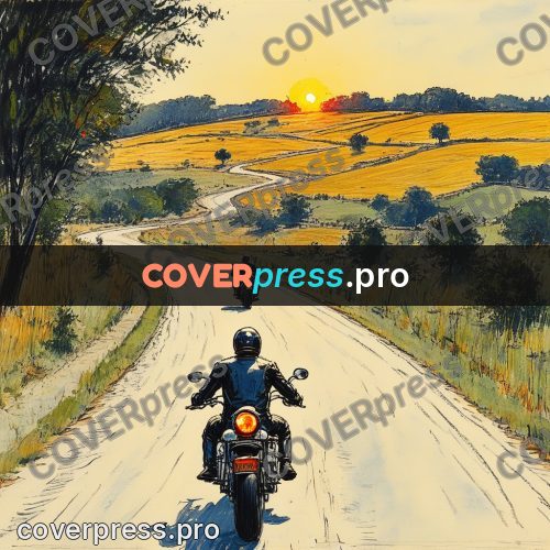 Sketch illustration: motorcycle on a road through fields