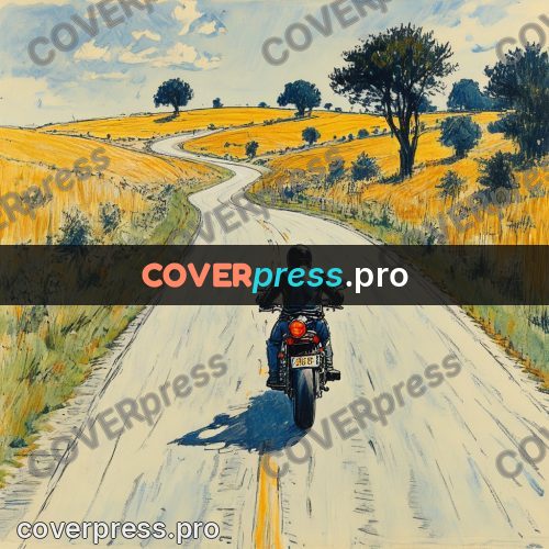 Sketch illustration: motorcycle on a road through fields
