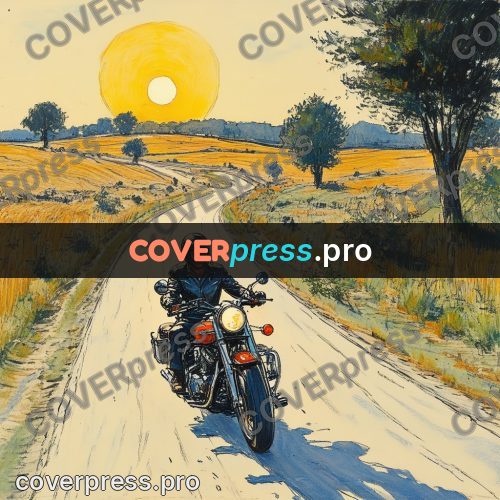 Sketch illustration: motorcycle on a road through fields