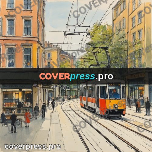 Sketch illustration: tram on a sunny street