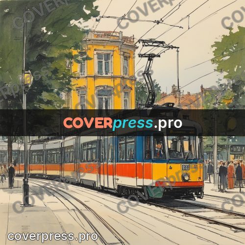 Sketch illustration: tram on a sunny street