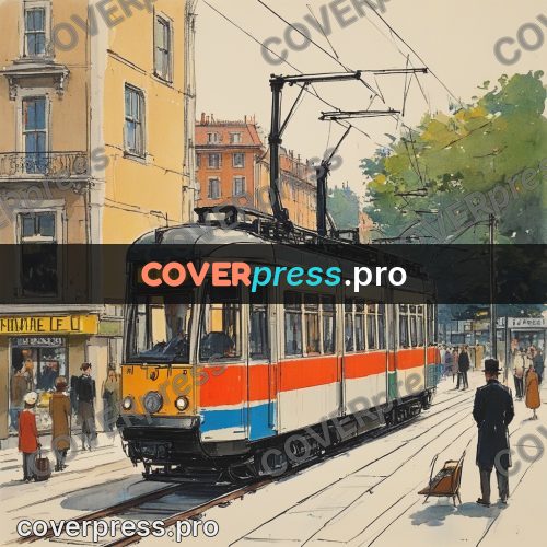 Sketch illustration: tram on a sunny street
