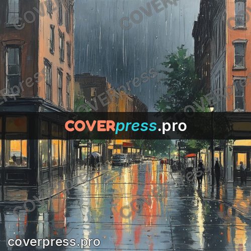 Sketch illustration: street in the rain at dusk