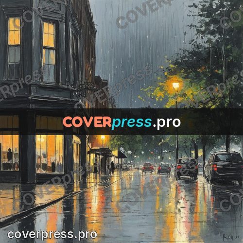 Sketch illustration: street in the rain at dusk