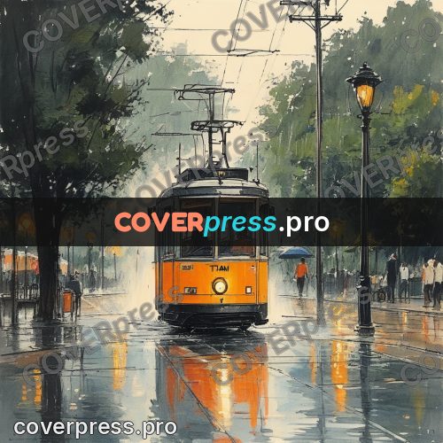 Sketch illustration: tram on a wet roadway