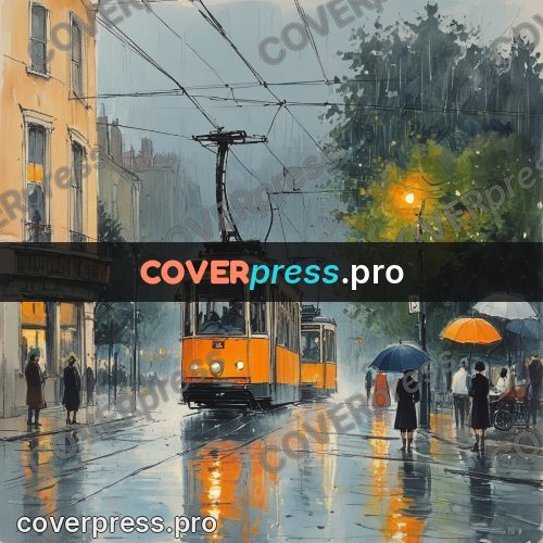 Sketch illustration: tram on a wet roadway