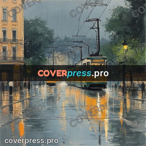 Sketch illustration: tram on a wet roadway