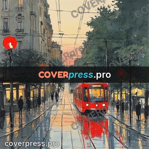 Sketch illustration: red tram on a boulevard