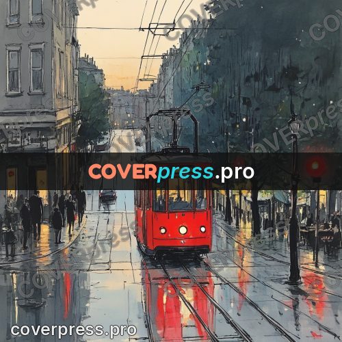 Sketch illustration: red tram on a boulevard