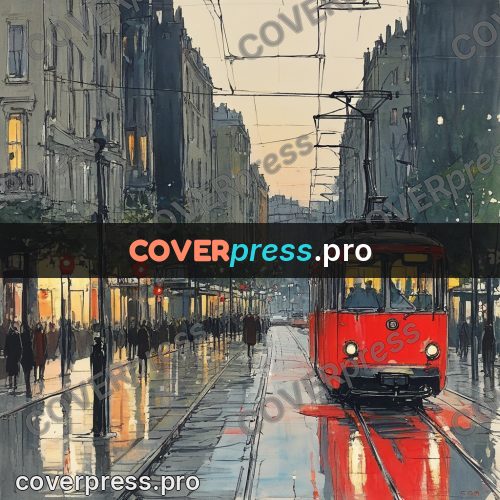 Sketch illustration: red tram on a boulevard